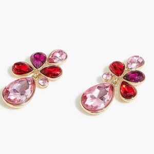 NWT J. Crew Pink Red Crystal Petal Cluster Teardrop Gold Drop Statement Earrings